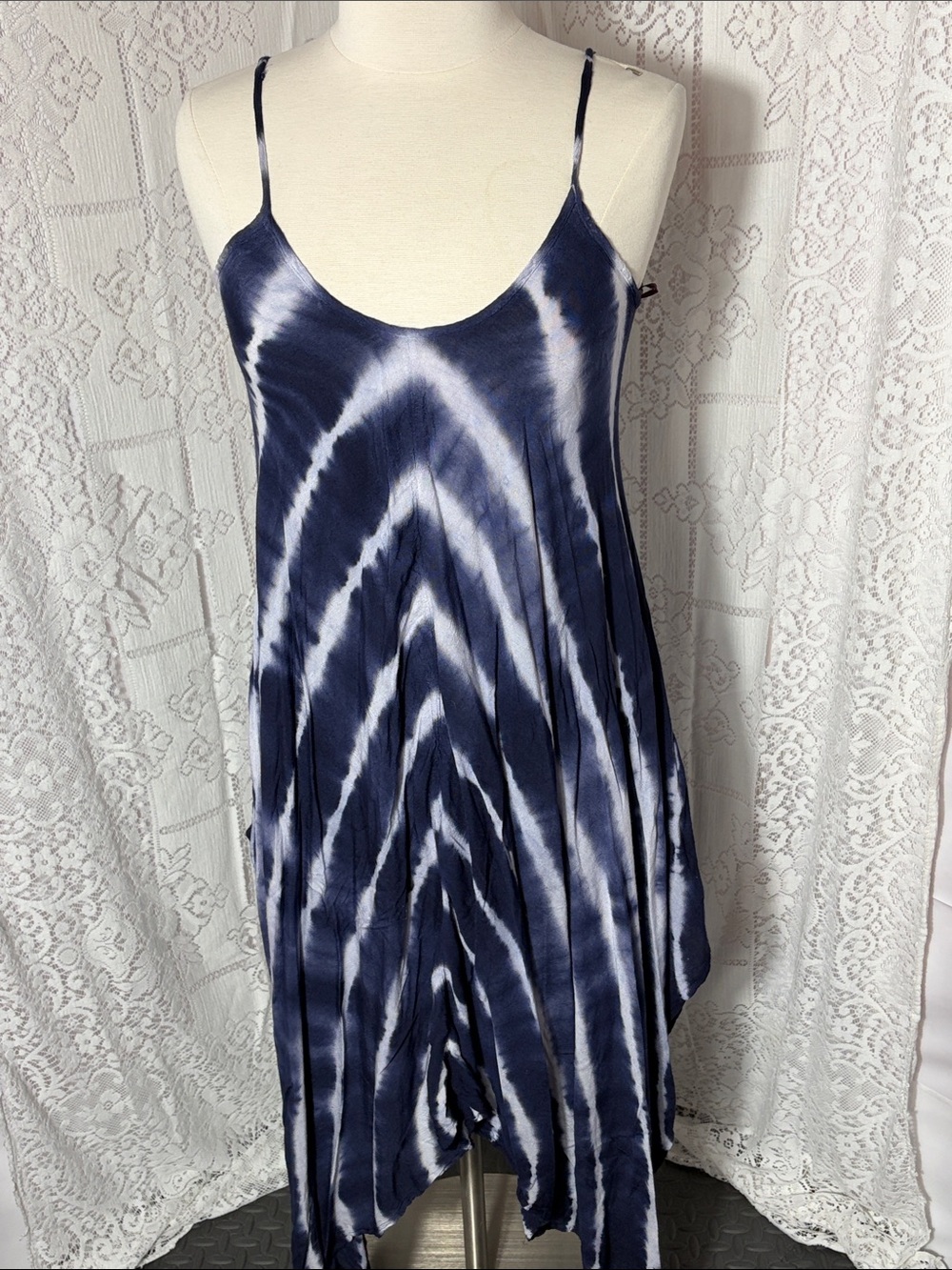 Tie-Dye Navy and White Maxi Dress with Spaghetti Straps